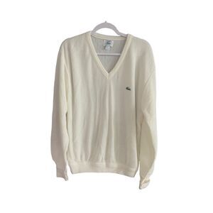 Lacoste Men's White Long Sleeve Orlon Acrylic Pullover V-Neck Sweater Size Large